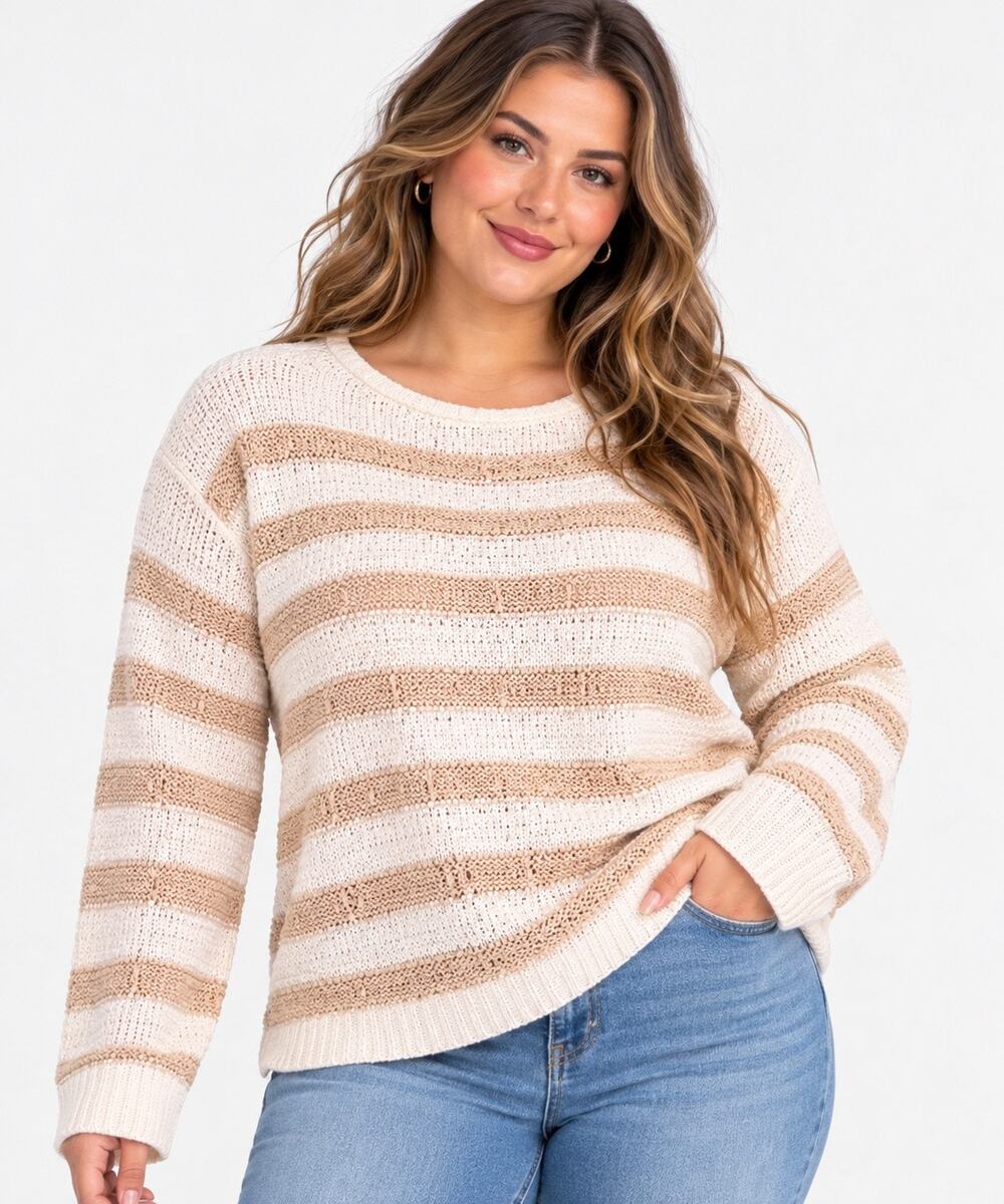 Marled Women’s XL Striped Open Knit Sweater Ivory Beige Long Sleeve NWT